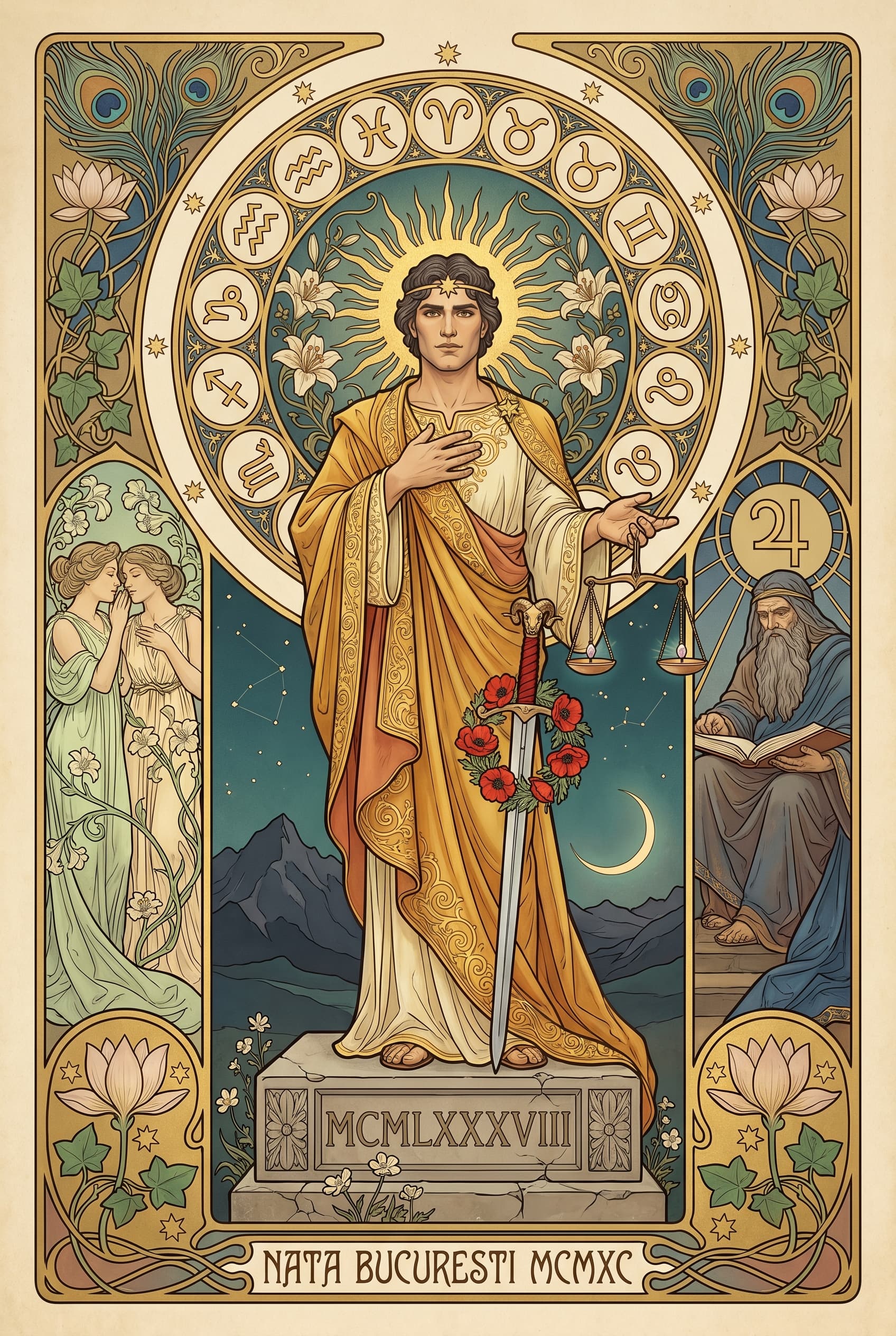 Solar portrait mockup — a Renaissance-style figure evoking the Sun sign